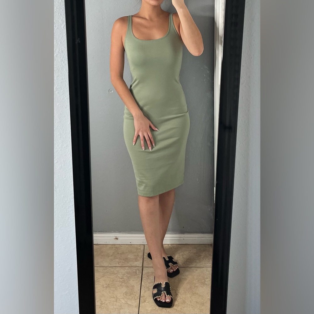 Zara sagegreen stretch knit bodycon tank midi dress M casual minimalist vacation - Picture 7 of 12